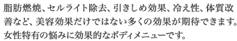 脂肪燃焼、セルライト除去、引きしめ効果、冷え性、体質改善など、美容効果だけではない多くの効果が期待できます。女性特有の悩みに効果的なボディメニューです。