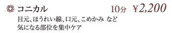 コミカル 10分 \2,000 … 目元、ほうれい線、口元、こめかみなど気になる部位を集中ケア