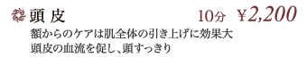 頭皮 10分 \2,000 … 額からのケアは肌全体の引き上げに効果大 頭皮の血流を促し、頭すっきり